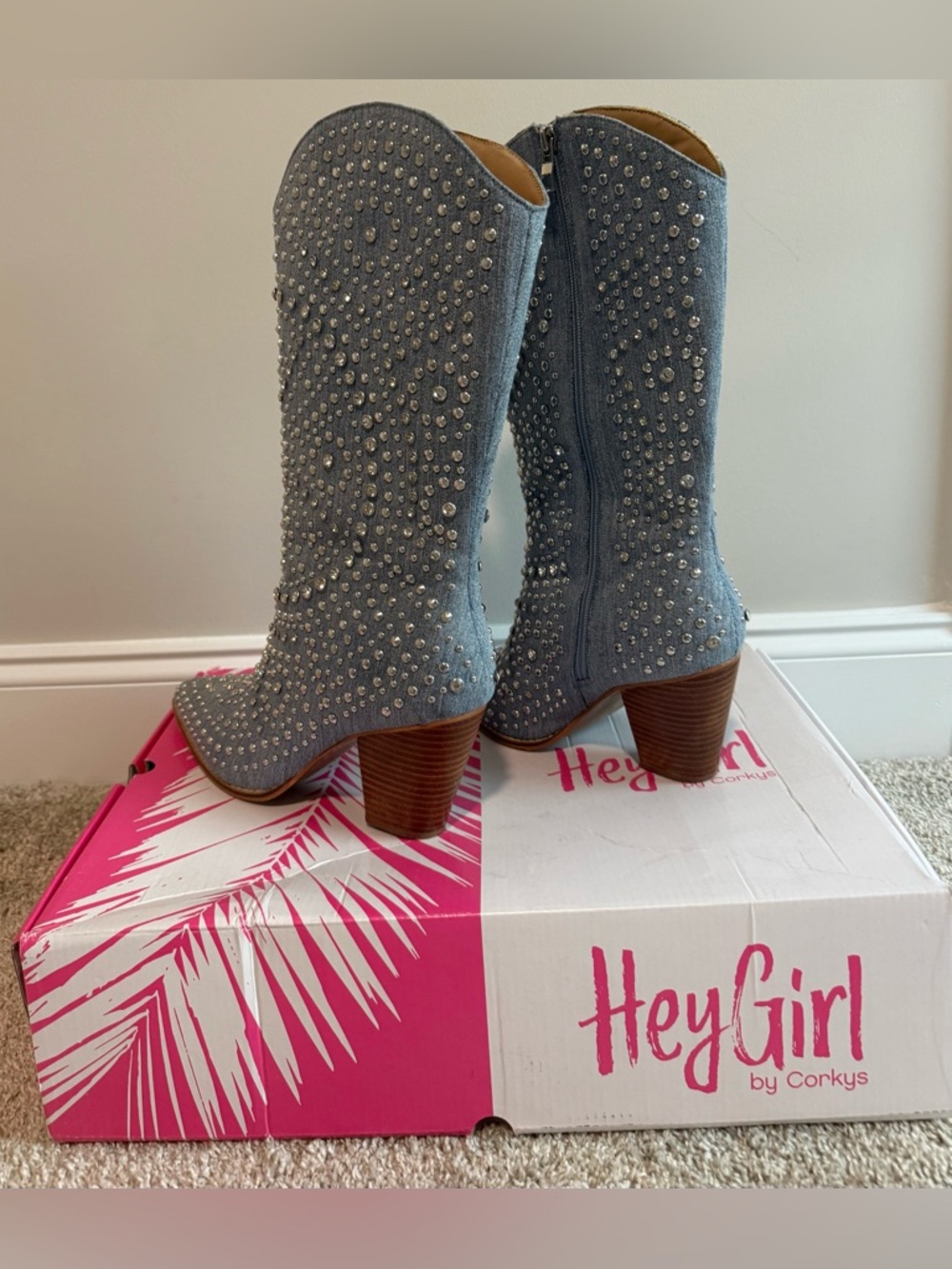 CORKY’S Hey Girl Light Blue Denim Cowboy Boots with Silver Rhinestones Size 9 - Picture 5 of 16